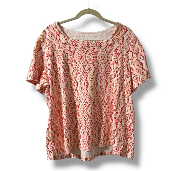 Kim Rogers Pink White Boho Short Sleeve Shirt Square Neck Women’s Plus Size 2X - Picture 1 of 14